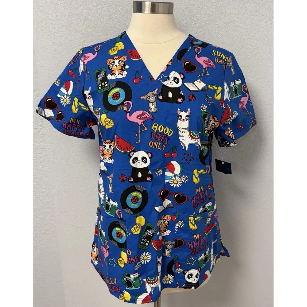 NWT Cherokee Good Vibes Scrub Top 4X Panda Llama On Royal Blue Scrubs Nurse RN